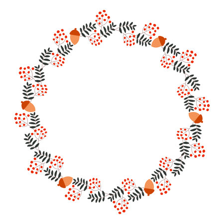 Autumn rowan berry and acorn wreath. Circle frame template for greeting cards or prints. Cozy flat illustration.のイラスト素材