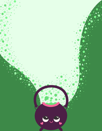 Magic potion kawaii pot boiling with green steam and sparkling bubbles. Vertical background with space for text, copy space. Invitation for children party.のイラスト素材