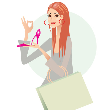 Vector illustration of a girl buying shoes.のイラスト素材