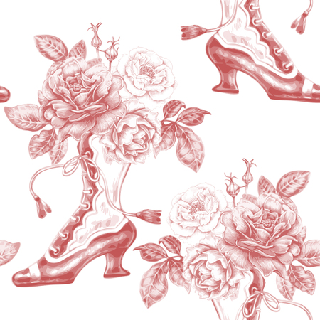 Vector seamless pattern with bouquets of roses and shoes. Design for fabrics, textiles, paper, wallpaper, web. Floral ornament. Victorian style. Vintage.のイラスト素材