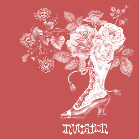 Vintage floral card with roses and boots. Vector. Victorian style.のイラスト素材
