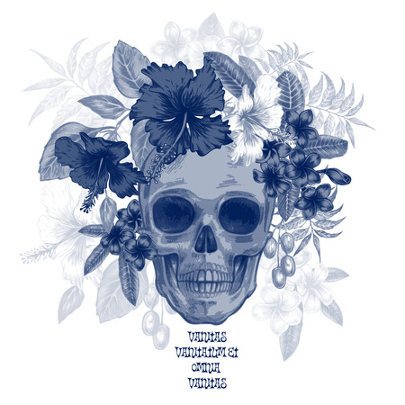 Illustration of the skull and exotic tropical flowers on a white background. Hibiscus. Vector. Black and white.のイラスト素材