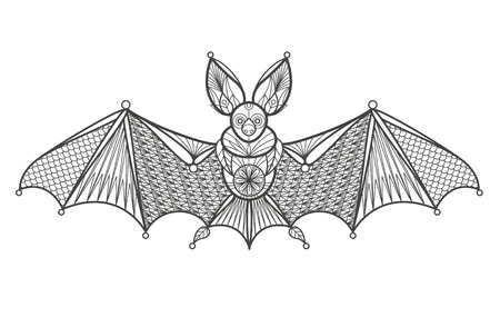 Vector illustration of a decorative bat on a white background. Fashion trend of the adult coloration. Images of the bat with oriental motifs elements. Black and white bat. Modern design of the vector.のイラスト素材