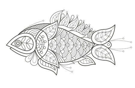 Vector illustration decorative fish on white background. Fashion trend of adult coloration. Sea fish vector with elements oriental motif Turkish cucumber. Black and white. Modern vector design.のイラスト素材