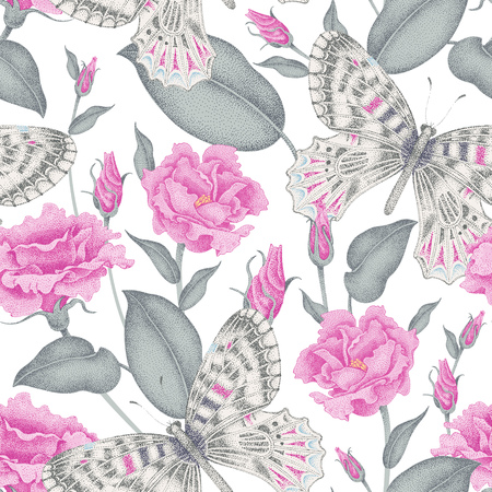 Seamless vector floral background. Flowers and butterflies. Illustration of flowers in the Victorian style. Vintage pattern of flowers and butterflies. Pink roses and butterflies on white background.のイラスト素材