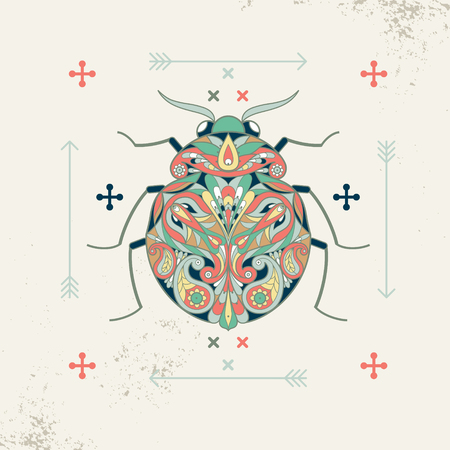 Decorative composition beetle arrow. Hipster insect beetle. Vector illustration beetle for print on T-shirts, posters, billboards, banners, labels, stickers, covers, packaging. Vintage style.のイラスト素材