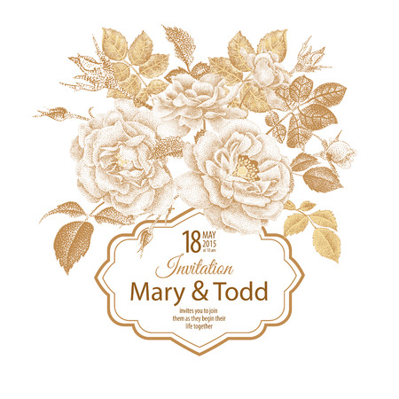 Vector Vintage card with frame for text and bouquet of flowers garden roses in Victorian style. Gold foil print on a white background. Illustration with natural motifs.のイラスト素材