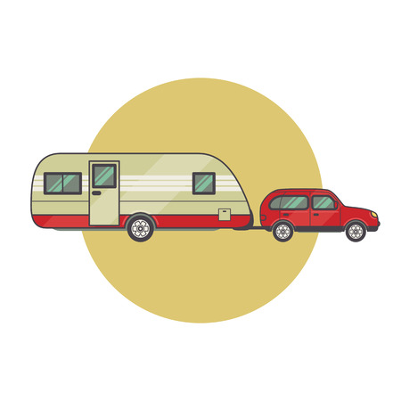 Transport facility - caravan - family car for travel and recreation. Vector illustration motor home isolated on white background. Flat icon camping van. House on wheels for family tourist comfort.のイラスト素材