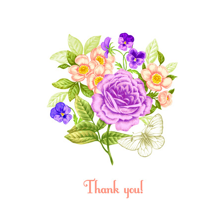Vintage greeting card with blooming flowers and butterfly. Thank you with place for your text. Roses. Pansies. Peonies. Vector Illustration.のイラスト素材