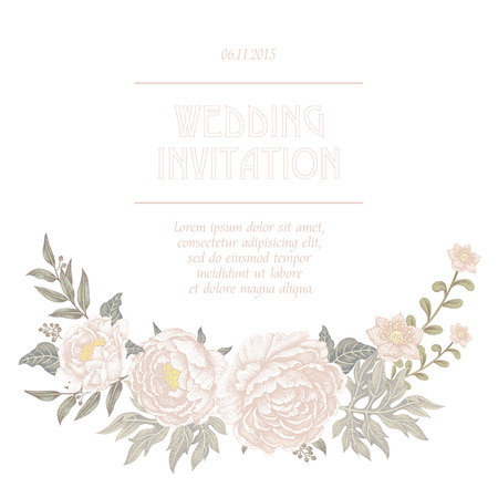 Vector Vintage card with the image of garden flowers of peonies and roses in Victorian style. Designed to create wedding invitations, congratulations.のイラスト素材