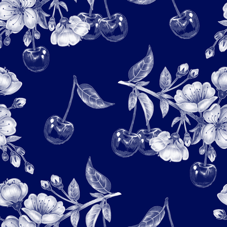 Vector seamless background. A branch of cherry blossoms. Design for fabrics, textiles, paper, wallpaper, web. Floral ornament. Black and white.のイラスト素材