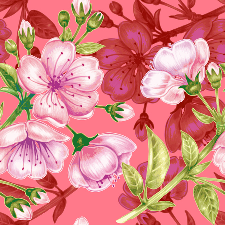 Vector seamless background. A branch of cherry blossoms. Design for fabrics, textiles, paper, wallpaper, web. Floral ornament.のイラスト素材