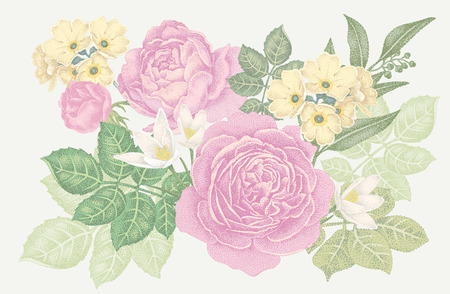 Vintage vector bouquet of roses and spring flowers. Illustration for creating greeting cards, invitations.のイラスト素材