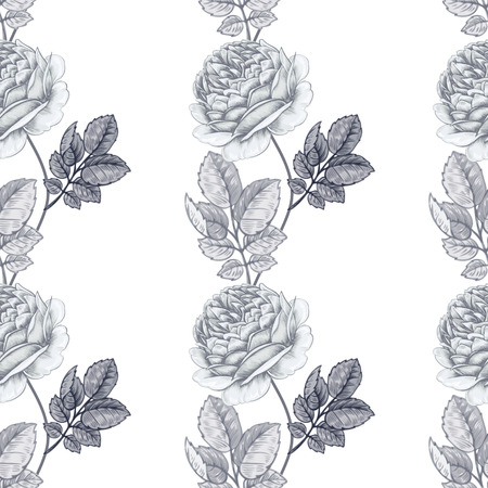 Floral illustration with roses. Seamless pattern. Vector hand drawn design illustration. Black and white.のイラスト素材