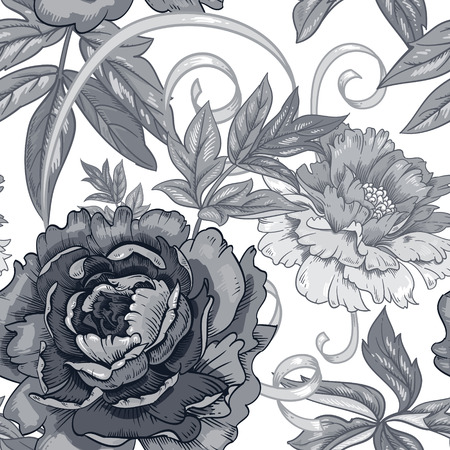 Vector background with the image of garden flowers peony, roses, ornamental grasses and berries. Seamless pattern. Victorian style. Vintage. Black and white.のイラスト素材
