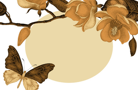 Vector card with gold magnolia flowers and place for text on wedding invitations, congratulations. Vintage style. Oriental design. Illustration gold magnolia and black butterflies on white background.のイラスト素材