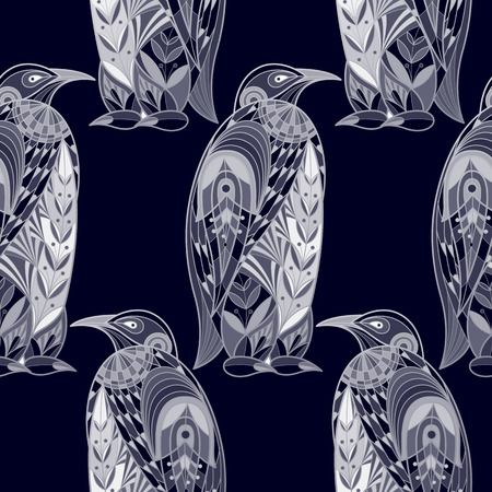 Illustration vector seamless pattern. Decorative bird penguins on a black background.のイラスト素材