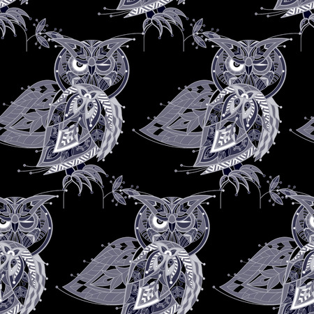 Illustration vector seamless pattern. Decorative bird owl on a black background.のイラスト素材