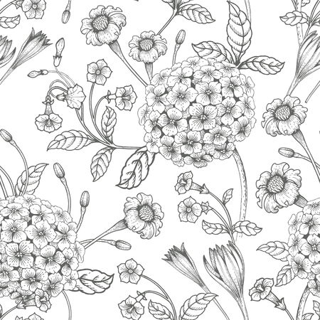 Seamless illustration with graphic Victorian bouquet of flowers on a white background.のイラスト素材