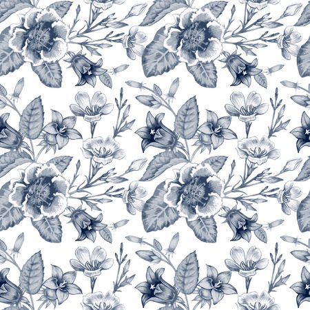 Seamless pattern. Design for fabrics, textiles, paper, wallpaper, web, upholstery fabric. Garden flowers. Vintage. Vector.のイラスト素材