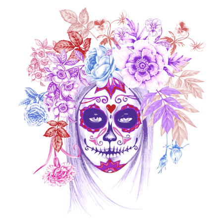 Illustration on white background. Day of the Dead. Vintage. Girl and flowers. Vektor.のイラスト素材
