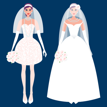Cute girl in a wedding dress. Holiday vector illustration. Fashion white bride dress on a black background. The concept of the modern wedding dress and accessories.のイラスト素材