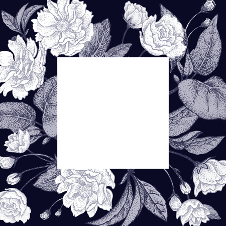 Black and white card with a picture of the Chinese plum tree branches. The national flower of China. Space for text. Vintage style graphics.のイラスト素材