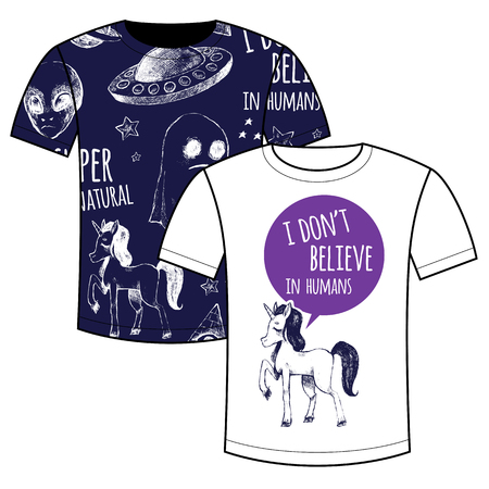 Couple T-shirts with printing. Flying saucer, alien, ghost, unicorn, Dreamcatcher, crystal ball, magic wand. Vector illustrations, sketches, doodles. Supernatural and magic. Black and white.のイラスト素材