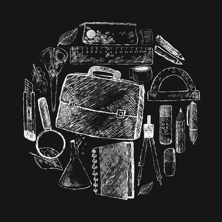 Vector illustration back to school. Hand drawing white chalk on black background. Briefcase, pen, pencil, eraser, glass lamps, notebooks, scissors, protractor, glue, dividers, ruler, autumn leaves.のイラスト素材