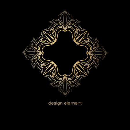 Vector design element. Template for creating  icon, symbol, emblem, monogram frame. Linear trend style. Illustration gold pattern on black background. Concept of  unusual abstract luxury decor.のイラスト素材