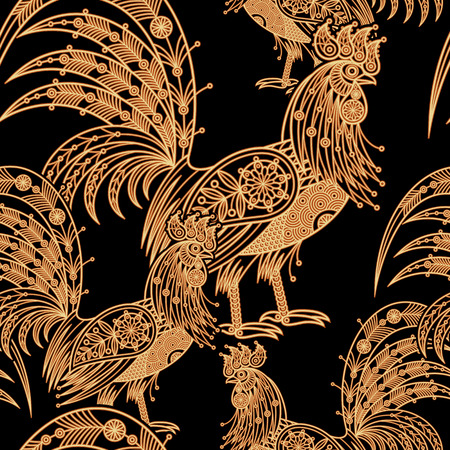 Fire roosters. Illustration seamless vector pattern. Golden bird on black background. Foil printing. Decorative illustration for paper, fabrics, packaging of Christmas gifts for new year 2017.のイラスト素材