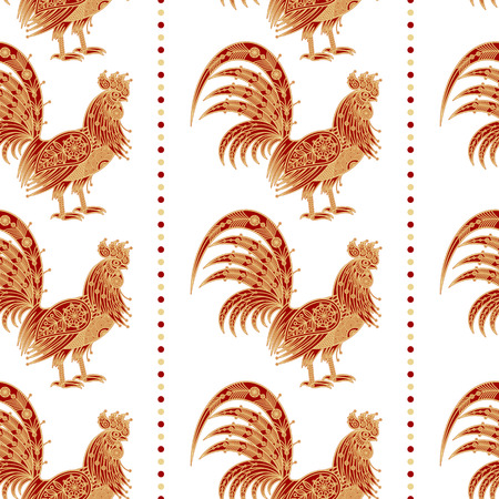 Fiery red rooster Zodiac sign in 2017. Seamless pattern. Embossing gold foil on white background. Design for packing Christmas gifts. Concept New Year symbols. Vector illustration.のイラスト素材