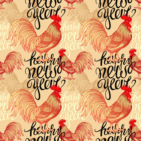 Fiery red roosters and phrase "Happy New Year" on gold background. Vector seamless pattern. Illustration for calendars, paper, present package, gift wrapping, corporate identity. Chinese symbol 2017.のイラスト素材