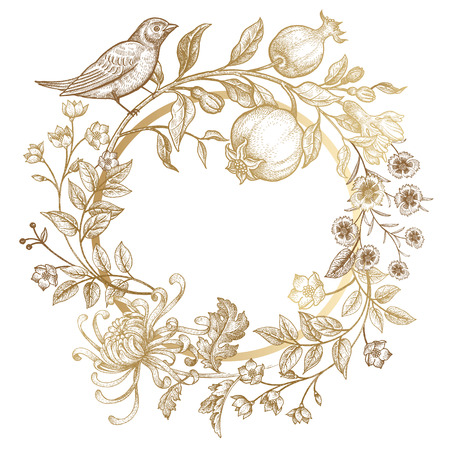 Luxury card for invitations, greetings. Hand drawing chrysanthemum, branches, leaves, flowers, birds, pomegranate fruits on white background. Embroidery golden threads. Vintage vector illustration.のイラスト素材