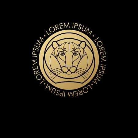 Predatory animal print gold foil on a black background. Vector illustration of a tiger. Designed to create icon in modern style mono line. Symbol of strength.のイラスト素材