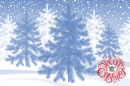 Landscape winter night forest, blue and white snow-covered trees, snowflakes. Red inscription "Merry Christmas and Happy New Year"  illustration for greeting cards, holidays posters, signageのイラスト素材