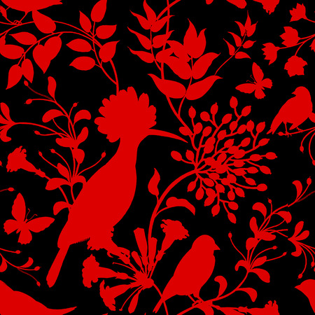 Birds and flowers illustration. Unusual motives of nature oriental style. Seamless pattern with image of animals and plants for design of fabrics, paper. Vintage art. Red on black background.のイラスト素材