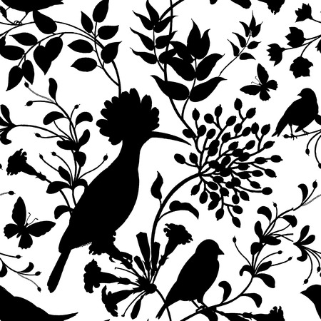 Birds and flowers vector illustration. Unusual motives of nature oriental style. Seamless pattern with image of animals and plants for design of fabrics, paper. Vintage art. Black on white background.のイラスト素材