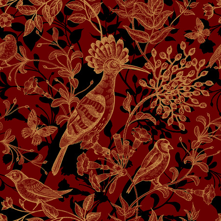 Birds and flowers vector illustration. Unusual motives of nature oriental style. Seamless pattern with image of animals and plants for design of fabrics, paper. Vintage art.のイラスト素材