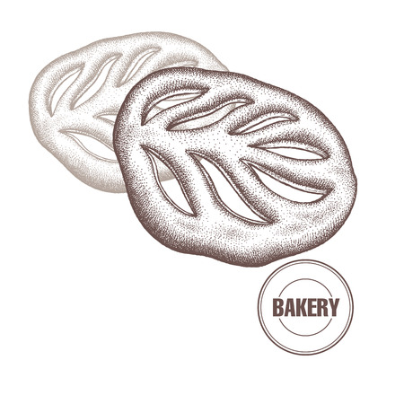 French Fougasse. Hand drawing a bread product. Vector illustration of food. Kitchen design for the confectionery and bakery, cafe, restaurant, menu. Vintage.のイラスト素材