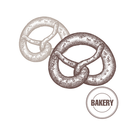 Bakery products. Pretzel isolated on white background. Vector food illustration art. Style Vintage engraving. Hand drawing of brown ink.のイラスト素材