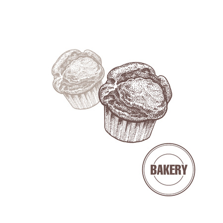 Bakery products. Muffin isolated on white background. Vector food illustration art. Style Vintage engraving. Hand drawing of brown ink.のイラスト素材