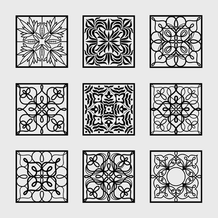 Square shape icons. Black and white abstract pattern to create monograms, logos, symbols of corporate identity. Vector illustration template art. Linear style. The use of herbal natural floral motifs.のイラスト素材
