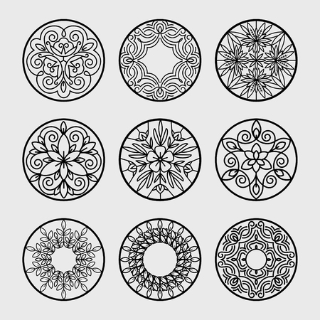 Circular shape icons. Black and white abstract patterns to create monograms, logos, symbols of corporate identity. Vector illustration template art. Linear style. Use of herbal natural floral motifs.のイラスト素材