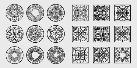 Big set black and white abstract patterns for monograms, logos, symbols, corporate identity, gift wrapping. Vector illustration template art. Linear style. Geometric icons and natural floral motifsのイラスト素材