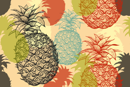 Black, blue, red and green pineapples. Vector seamless summer pattern. Hand drawing sketch. Illustration - template packing, textile, paper. Vintage engraving and silhouettes of exotic fruit.のイラスト素材