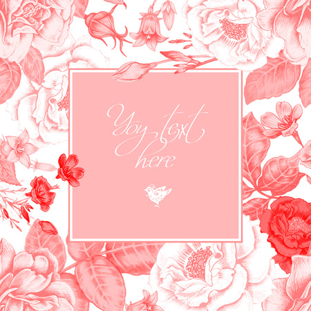 Card with the image of flowers in the Victorian style on the white background and place for your text. Flowers roses, peonies, tulips, anemones, bluebells. Vector vintage illustration.のイラスト素材