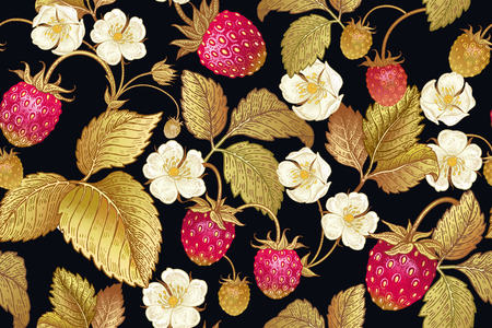Seamless botanical pattern with flowers and berries of strawberry on black background. Vintage. Victorian style. Vector illustration. Template for kitchen design, packaging for food, paper, textiles.のイラスト素材