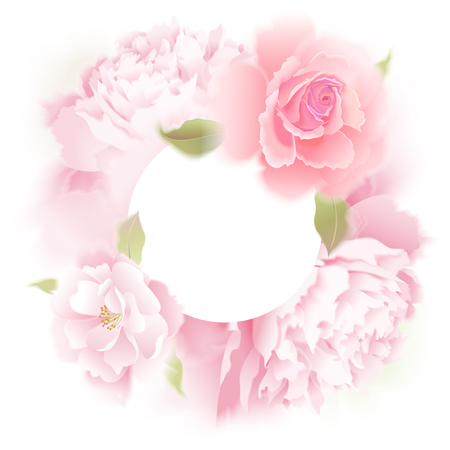 Roses and peonies. Vector card. Garden flower hand drawing pastel. Realistic floral illustration - design template luxury packing, wrapping paper. Pink flowers and green leaves on white background.のイラスト素材