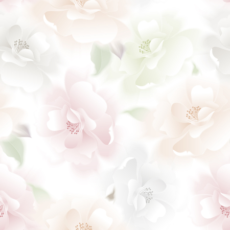 Roses. Vector seamless pattern. Garden flower hand drawing pastel. Realistic floral illustration - design template luxury packing, textiles, paper. Pink flowers and green leaves on white background.のイラスト素材